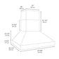 ZLINE Wall Mount Outdoor Grill Hood with Size Options (GOW1) dimensional diagram.