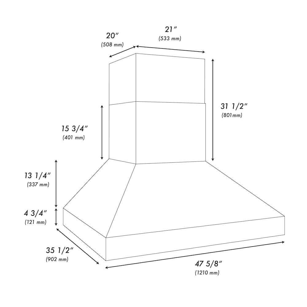 ZLINE Wall Mount Outdoor Grill Hood with Size Options (GOW1) dimensional diagram.