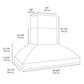 ZLINE Wall Mount Outdoor Grill Hood with Size Options (GOW2) dimensional diagram.