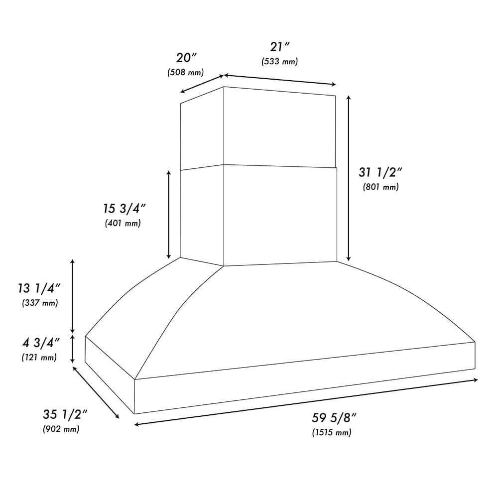 ZLINE Wall Mount Outdoor Grill Hood with Size Options (GOW2) dimensional diagram.