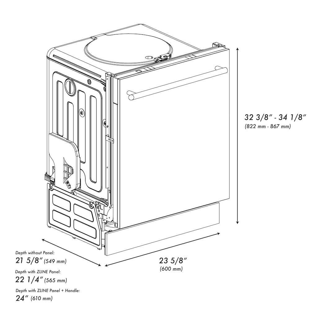 ZLINE 24 in. Blue Gloss Top Control Built-In Dishwasher with Stainless Steel Tub and Modern Style Handle, 52dBa (DW-BG-H-24) dimensional diagram with measurements.