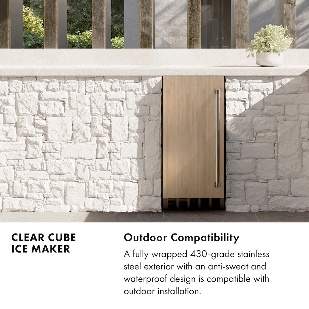 Clear Cube Ice Maker Infographic. Outdoor Compatibility. Text: A fully wrapped 430-grade stainless steel exterior with anti-sweat and waterproof design is compatible with outdoor installation.