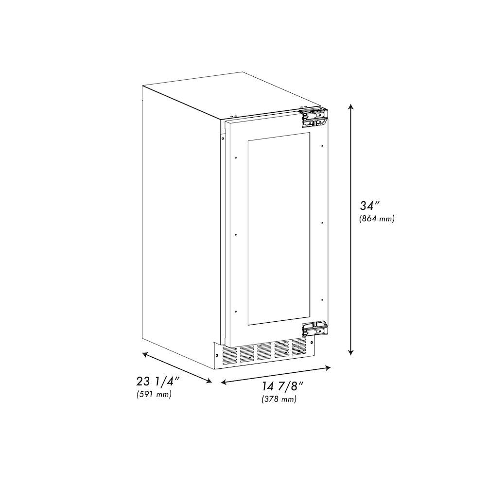 ZLINE Autograph Edition 15 in. Touchstone Clear Cube Ice Maker with Drain Pump and Panel Ready Door with Champagne Bronze Handle (ICCDPZ-15-CB) dimensional diagram.