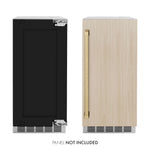 ZLINE Autograph Edition 15 in. Touchstone Clear Cube Ice Maker with Drain Pump and Panel Ready Door with Champagne Bronze Handle (ICCDPZ-15-CB) front, next to custom panels and handles. Text: Panels not included.