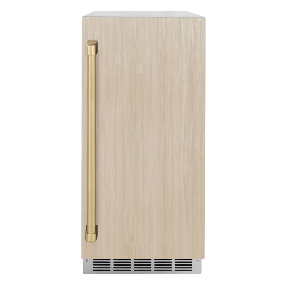 ZLINE Autograph Edition 15 in. Touchstone Clear Cube Ice Maker with Drain Pump and Panel Ready Door with Champagne Bronze Handle (ICCDPZ-15-CB) front, with custom panel.