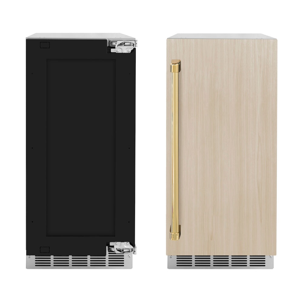 ZLINE Autograph Edition 15 in. Touchstone Clear Cube Ice Maker with Drain Pump and Panel Ready Door with Polished Gold Handle (ICCDPZ-15-G) front, panel ready unit side-by-side unit with custom panels.