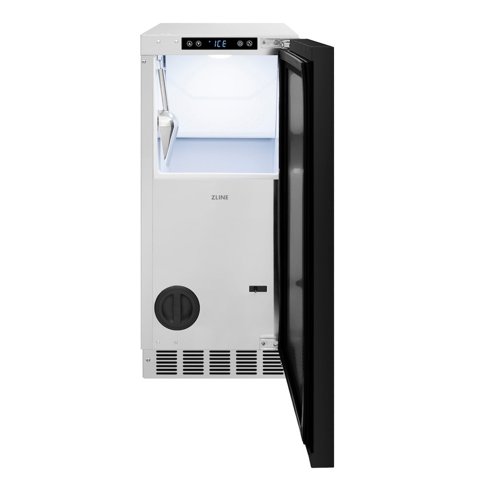 ZLINE Autograph Edition 15 in. Touchstone Clear Cube Ice Maker with Drain Pump and Panel Ready Door with Polished Gold Handle (ICCDPZ-15-G) front, open.