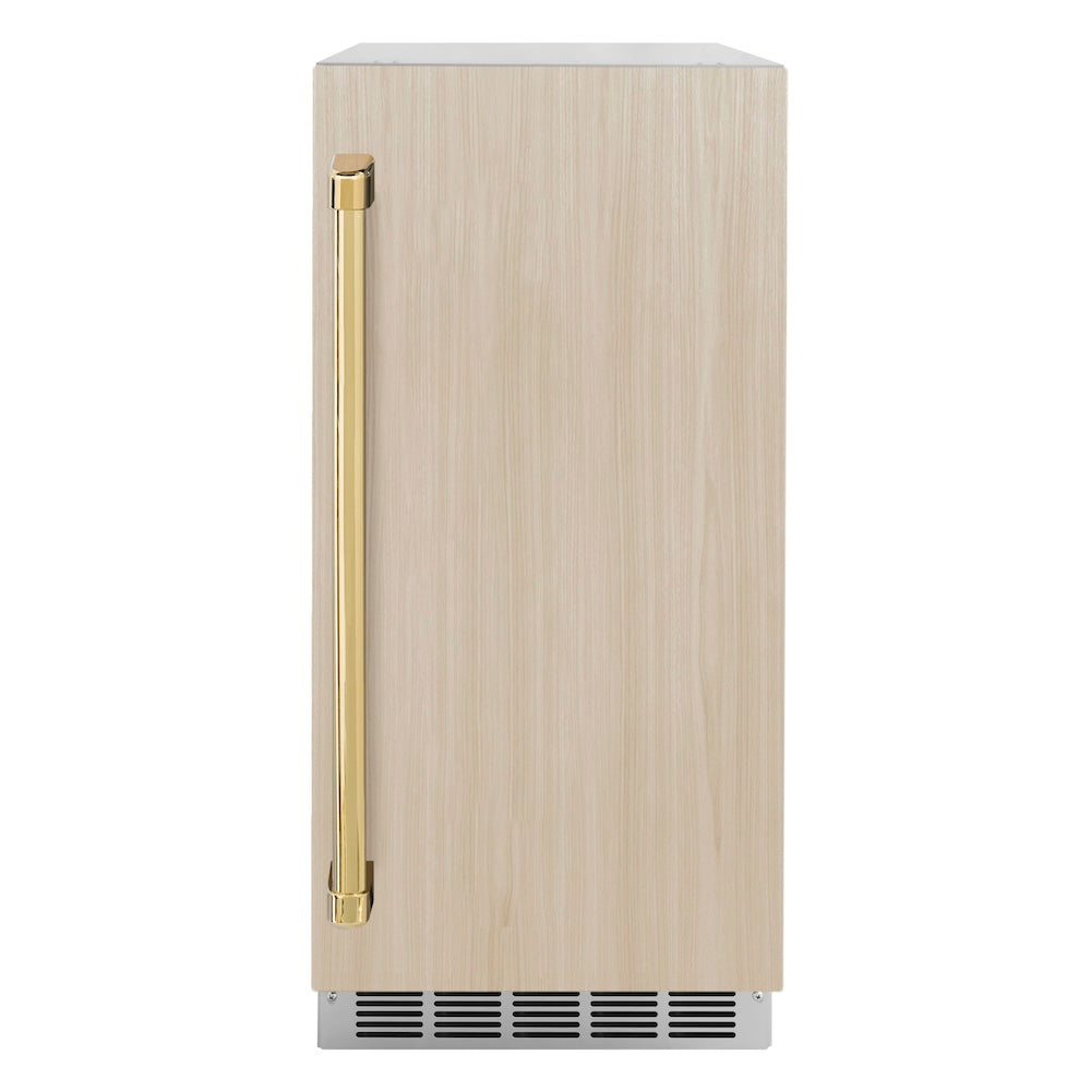 ZLINE Autograph Edition 15 in. Touchstone Clear Cube Ice Maker with Drain Pump and Panel Ready Door with Polished Gold Handle (ICCDPZ-15-G) front, with custom panel.