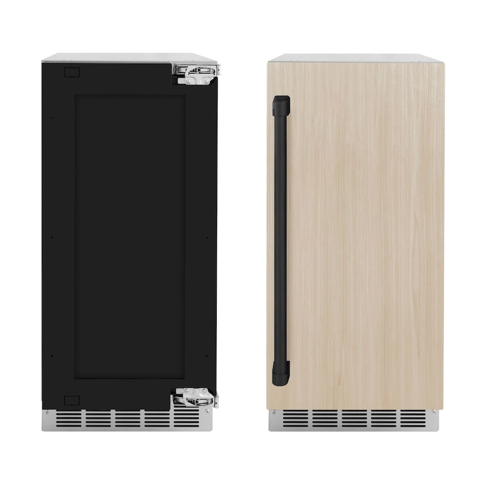 ZLINE Autograph Edition 15 in. Touchstone Clear Cube Ice Maker with Drain Pump and Panel Ready Door with Matte Black Handle (ICCDPZ-15-MB) front, panel ready unit side-by-side unit with custom panels.