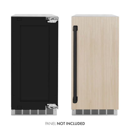ZLINE Autograph Edition 15 in. Touchstone Clear Cube Ice Maker with Drain Pump and Panel Ready Door with Matte Black Handle (ICCDPZ-15-MB) front, next to custom panels and handles. Text: Panels not included.