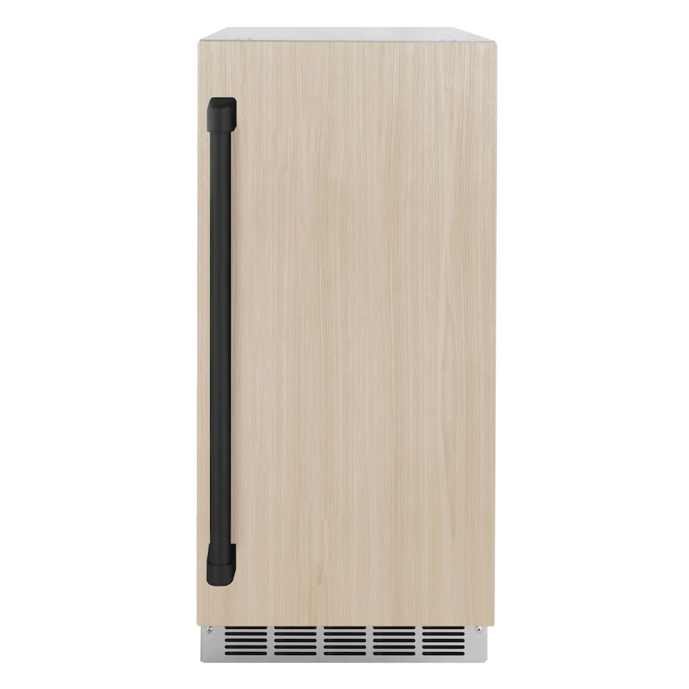 ZLINE Autograph Edition 15 in. Touchstone Clear Cube Ice Maker with Drain Pump and Panel Ready Door with Matte Black Handle (ICCDPZ-15-MB) front, with custom panel.