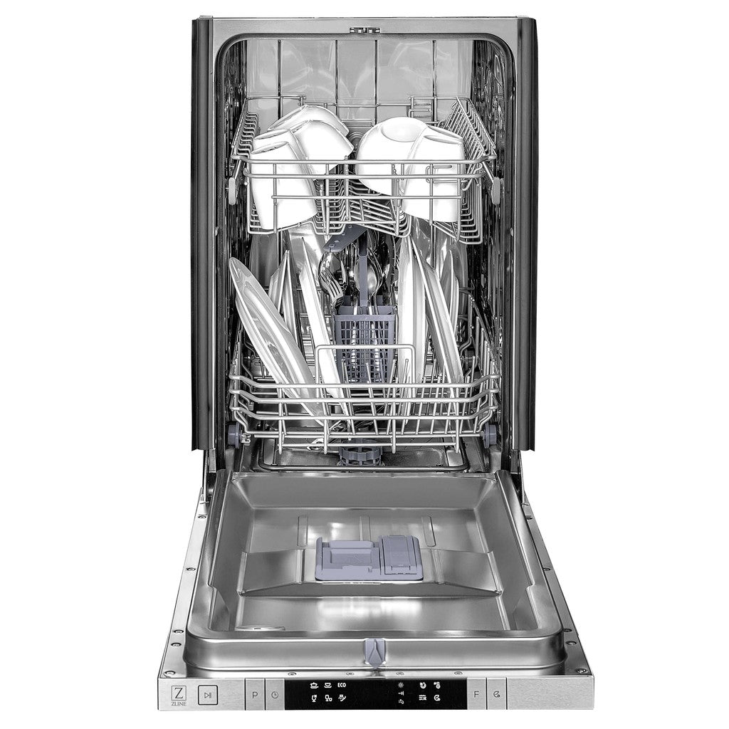ZLINE 18 in. Compact Black Stainless Steel Top Control Built-In Dishwasher with Stainless Steel Tub and Modern Style Handle, 52dBa (DW-BS-H-18) front, open with dishes loaded.