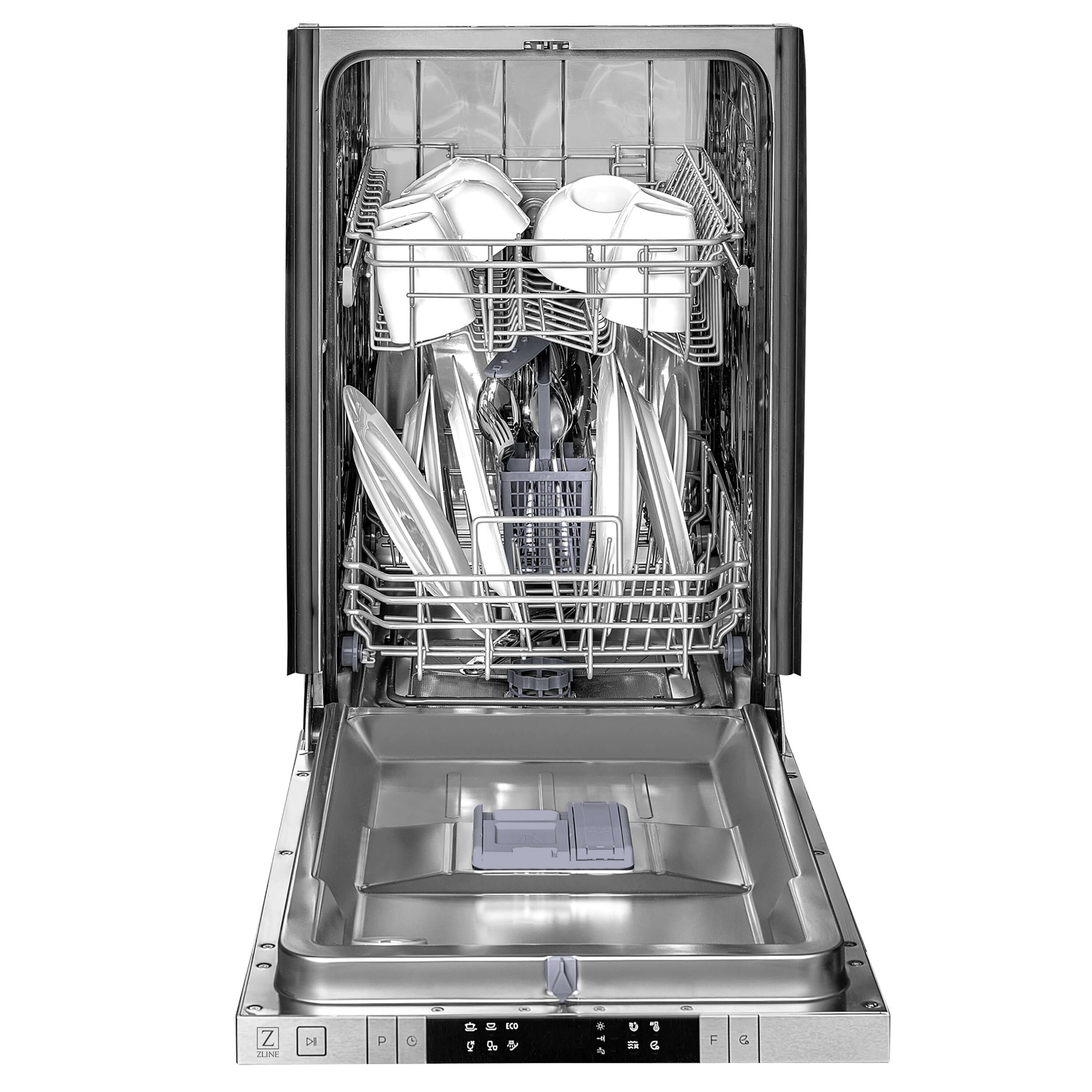 ZLINE 18 in. Compact Top Control Dishwasher front with door open and dishes inside.