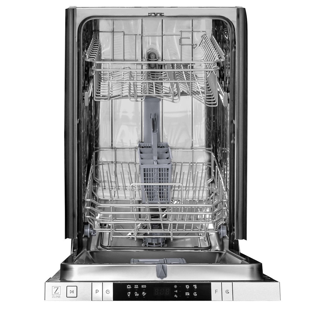 ZLINE 18 in. Compact Black Stainless Steel Top Control Built-In Dishwasher with Stainless Steel Tub and Modern Style Handle, 52dBa (DW-BS-H-18) front, open.