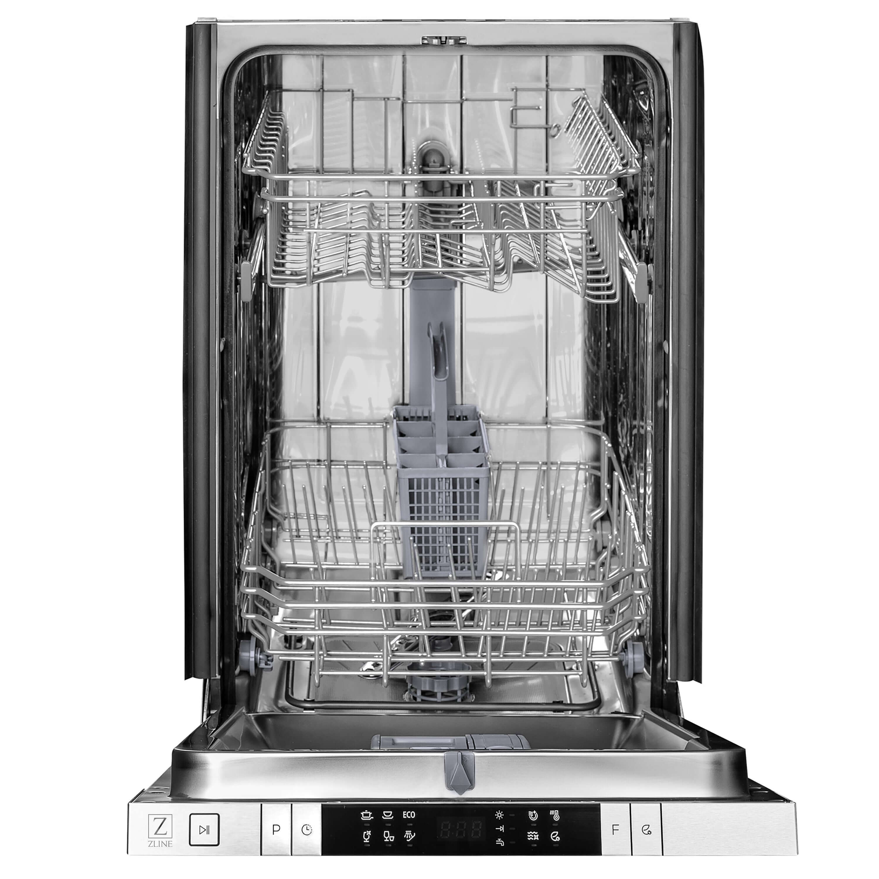 ZLINE 18 in. Compact Top Control Dishwasher front with door open.