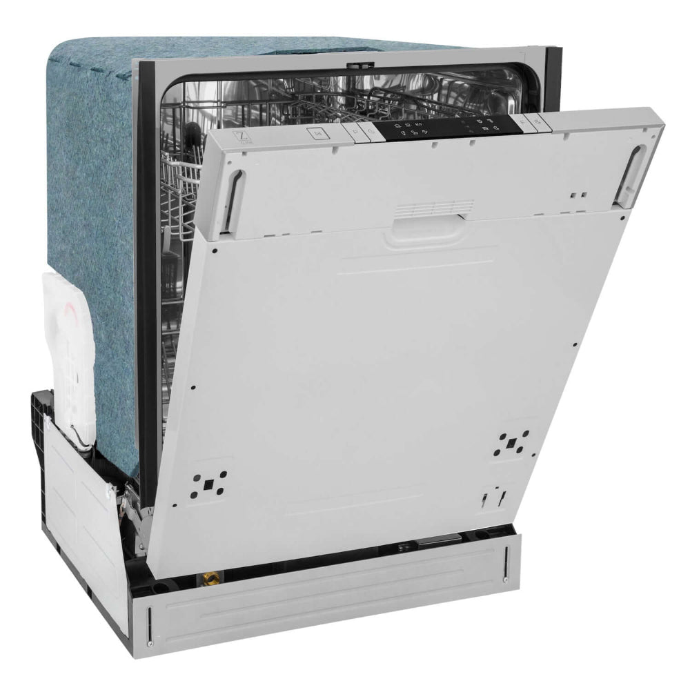 ZLINE 24 in. Panel Ready Top Control Built-In Dishwasher with Stainless Steel Tub, 52dBa (DW7713-24) side, half open.