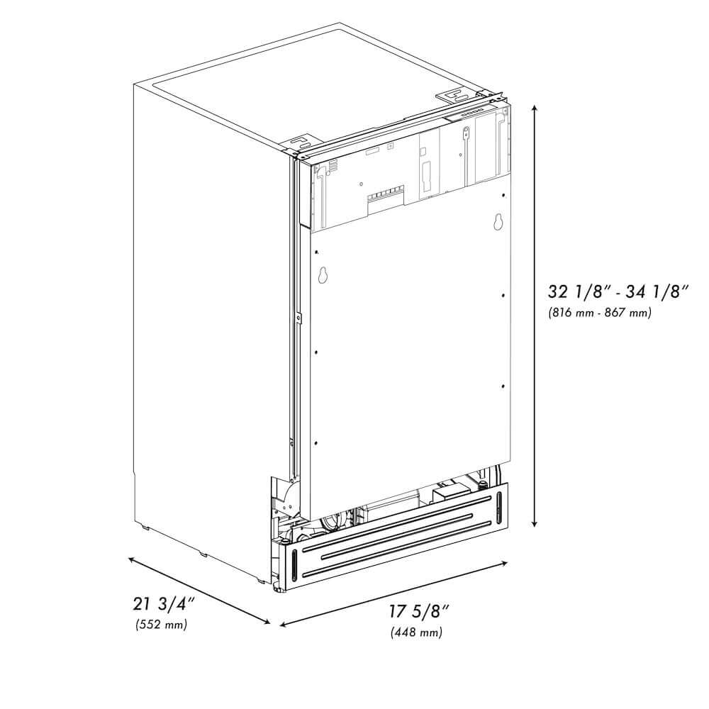 ZLINE 18 in. Tallac Series 3rd Rack Top Control Built-In Dishwasher with Stainless Steel Tub, 51dBa, Open Box-Good Condition dimensional diagram.