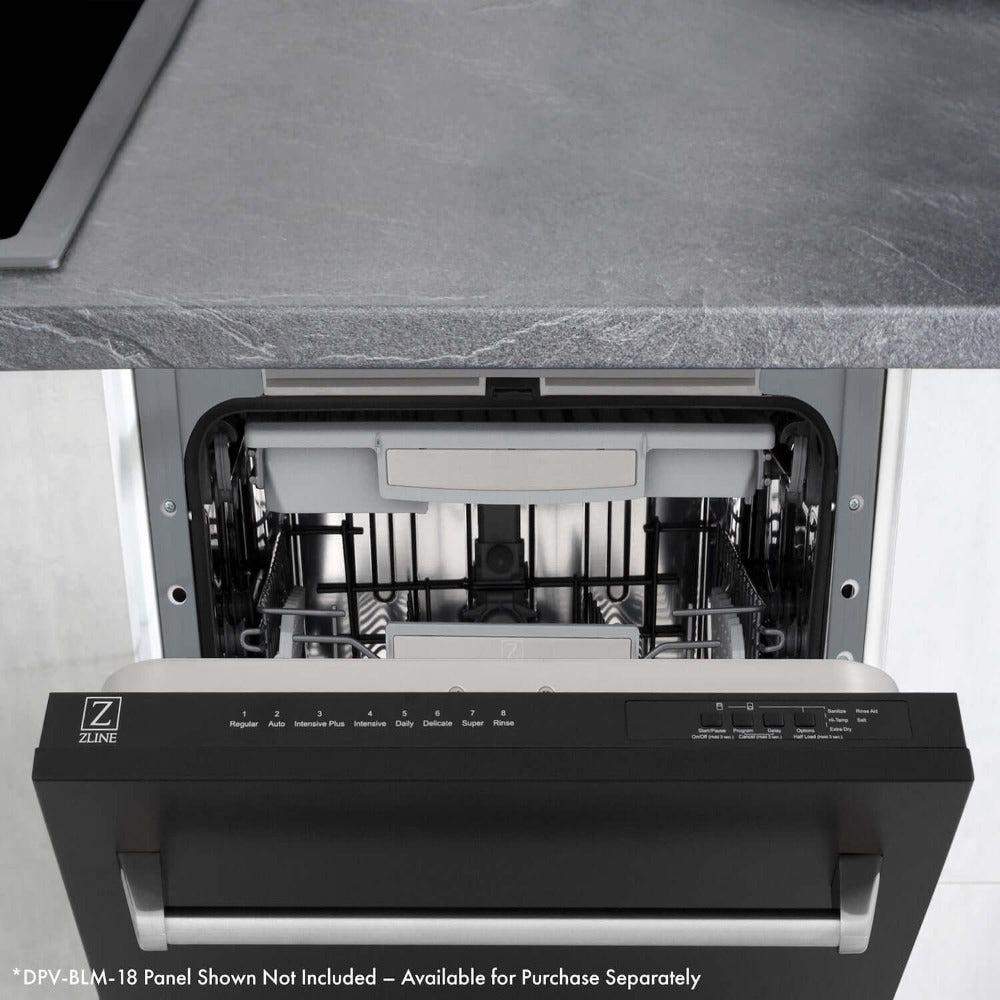 ZLINE 18 in. Tallac Series 3rd Rack Top Control Built-In Dishwasher in Custom Panel Ready with Stainless Steel Tub, 51dBa (DWV-18) built-in to cabinets in a luxury kitchen, with black matte panel.