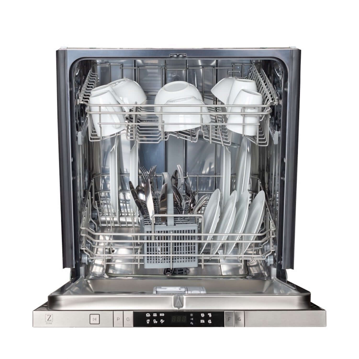 ZLINE 24 in. Fingerprint Resistant Top Control Built-In Dishwasher with Stainless Steel Tub and Modern Style Handle, 52dBa (DW-SN-24) front, open with dishes loaded.