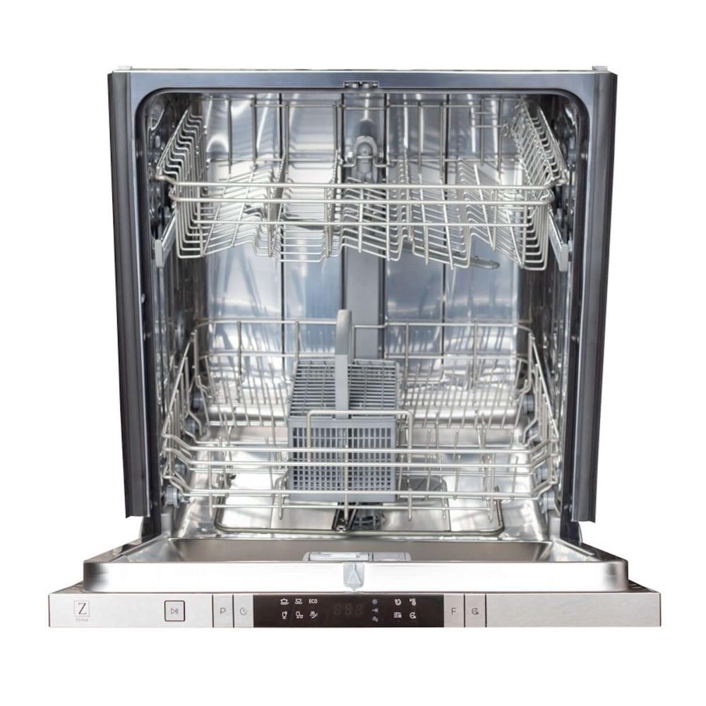 ZLINE 24 in. Top Control Built-In Dishwasher with Satin Stainless Steel Panel and Stainless Steel Tub with Modern Style Handle, 52dBa (DW-SN-24) front, open.