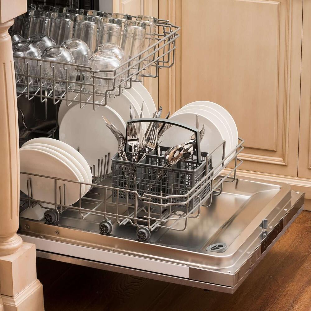 ZLINE 24 in. Top Control Built-In Dishwasher with Satin Stainless Steel Panel and Stainless Steel Tub with Modern Style Handle, 52dBa (DW-SN-24) built-in to cabinets in a luxury kitchen.
