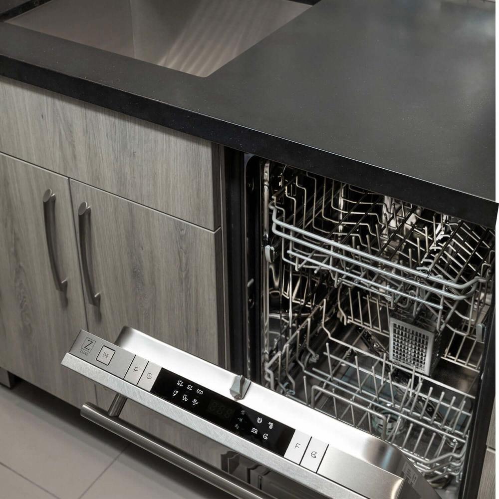 ZLINE 24 in. Top Control Built-In Dishwasher with Satin Stainless Steel Panel and Stainless Steel Tub with Modern Style Handle, 52dBa (DW-SN-24) built-in to cabinets in a luxury kitchen.