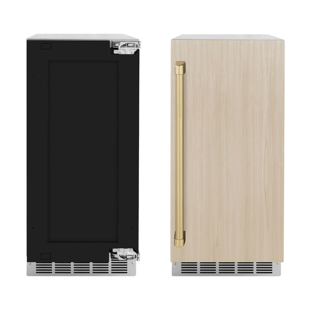 ZLINE Autograph Edition 15 in. Touchstone Gourmet Ice Maker with Drain Pump and Panel Ready Door with Champagne Bronze Handle (IGMDPZ-15-CB) front, panel ready unit side-by-side unit with custom panels.