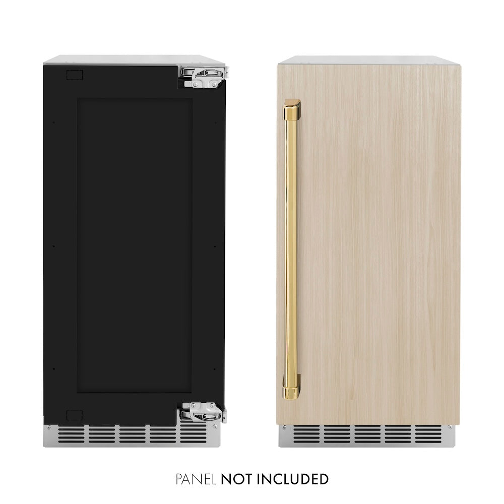ZLINE Autograph Edition 15 in. Touchstone Gourmet Ice Maker with Drain Pump and Panel Ready Door with Polished Gold Handle (IGMDPZ-15-G) front, next to custom panels and handles. Text: Panels not included.