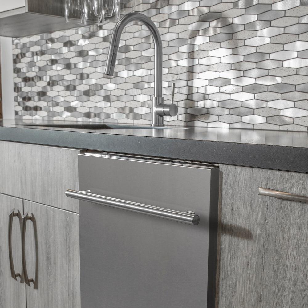 ZLINE 24 in. Stainless Steel Top Control Built-In Dishwasher with Stainless Steel Tub and Modern Style Handle, 52dBa (DW-304-24) built-in to cabinets in a luxury kitchen.