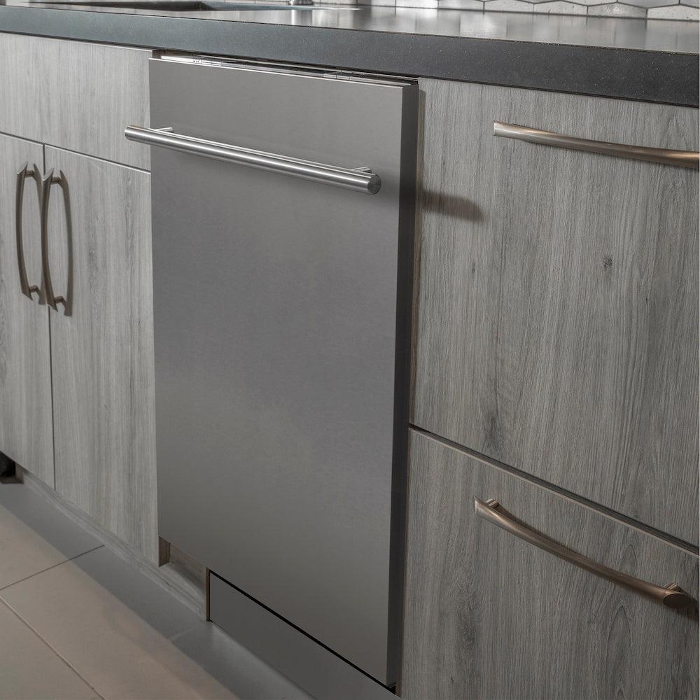 ZLINE 24 in. Stainless Steel Top Control Built-In Dishwasher with Stainless Steel Tub and Modern Style Handle, 52dBa (DW-304-24) built-in to cabinets in a luxury kitchen.