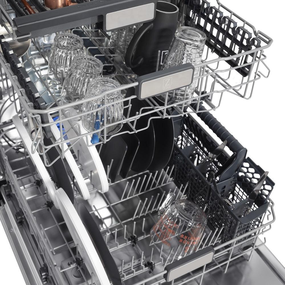 ZLINE 24 in. Monument Series 3rd Rack Top Touch Control Dishwasher with Stainless Steel Panel, 45dBa (DWMT-304-24) adjustable dish racks.