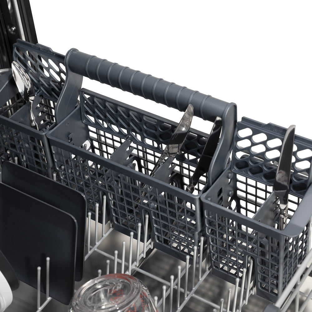 ZLINE 24 in. Monument Series 3rd Rack Top Touch Control Dishwasher with Stainless Steel Panel, 45dBa (DWMT-304-24) close-up, utensil holder on bottom dish rack.