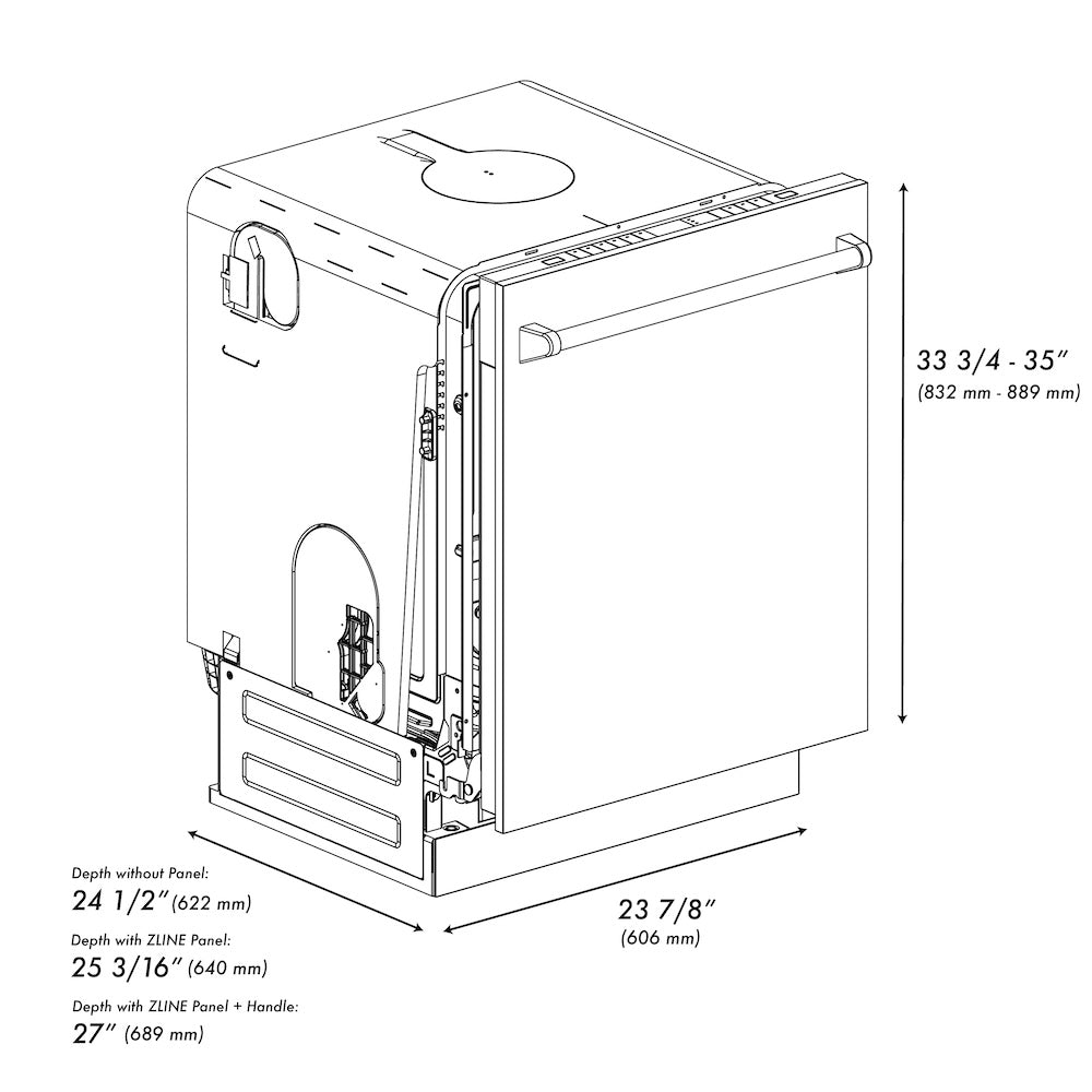 ZLINE 24 in. Monument Series 3rd Rack Top Touch Control Dishwasher with Stainless Steel Panel, 45dBa (DWMT-304-24) dimensional diagram.