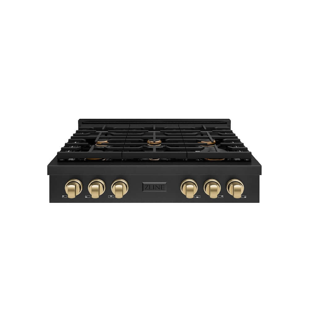 ZLINE 36 in. Autograph Edition Paramount Gas Rangetop with 6 Burners and Porcelain Cooktop in Black Stainless Steel with Champagne Bronze Accents (SRTBZ-36-CB) front.