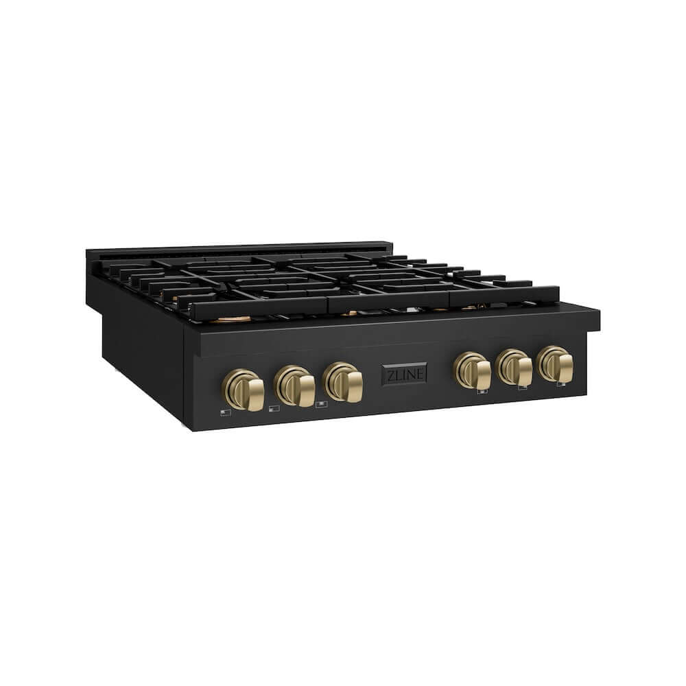 ZLINE 36 in. Autograph Edition Paramount Gas Rangetop with 6 Burners and Porcelain Cooktop in Black Stainless Steel with Champagne Bronze Accents (SRTBZ-36-CB) side.