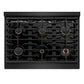 ZLINE 36 in. Autograph Edition Paramount Gas Rangetop with 6 Burners and Porcelain Cooktop in Black Stainless Steel with Champagne Bronze Accents (SRTBZ-36-CB) from above, showing cooking surface.