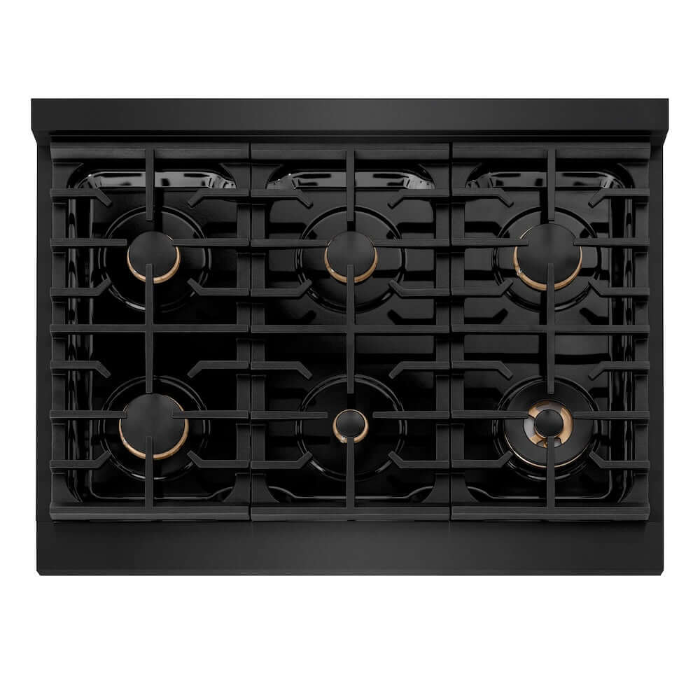 ZLINE 36 in. Autograph Edition Paramount Gas Rangetop with 6 Burners and Porcelain Cooktop in Black Stainless Steel with Champagne Bronze Accents (SRTBZ-36-CB) from above, showing cooking surface.