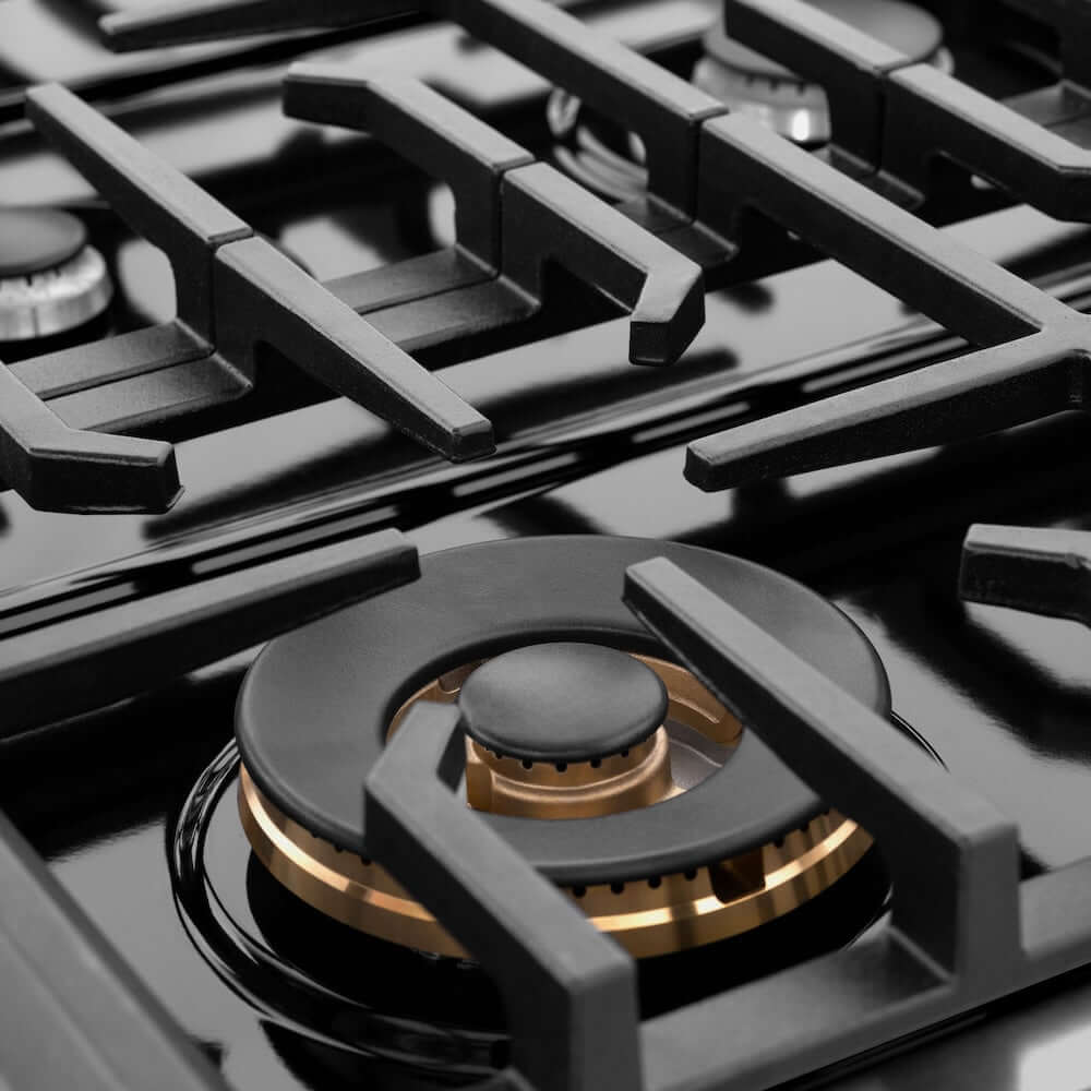 ZLINE 36 in. Autograph Edition Paramount Gas Rangetop with 6 Burners and Porcelain Cooktop in Black Stainless Steel with Polished Gold Accents (SRTBZ-36-G) close-up detail, burners.