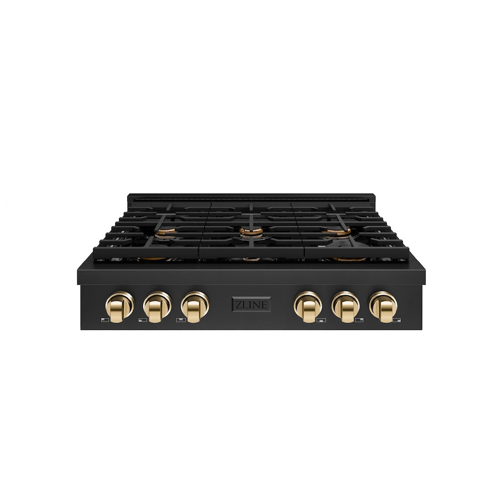 ZLINE Autograph Edition 36 in. Paramount Gas Rangetop with 6 Burners and Porcelain Cooktop in Black Stainless Steel with Polished Gold Accents, Open Box-Great Condition main image.