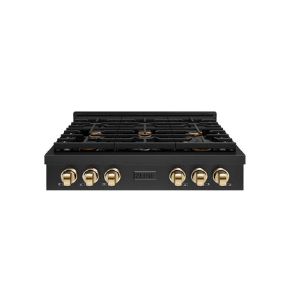 ZLINE Autograph Edition 36 in. Paramount Gas Rangetop with 6 Burners and Porcelain Cooktop in Black Stainless Steel with Polished Gold Accents, Open Box-Great Condition