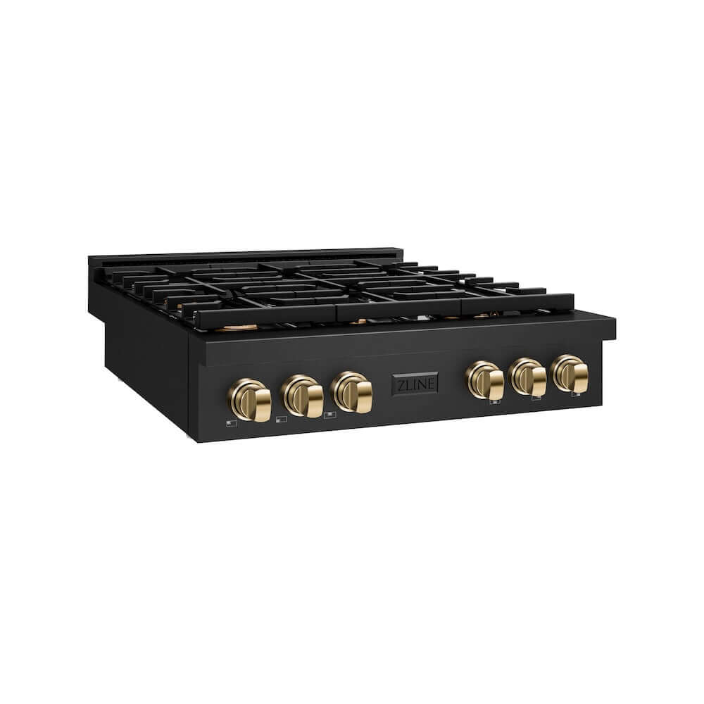 ZLINE Autograph Edition 36 in. Paramount Gas Rangetop with 6 Burners and Porcelain Cooktop in Black Stainless Steel with Polished Gold Accents, Open Box-Good Condition