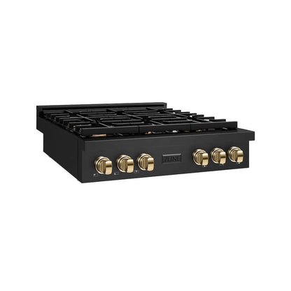 ZLINE Autograph Edition 36 in. Paramount Gas Rangetop with 6 Burners and Porcelain Cooktop in Black Stainless Steel with Polished Gold Accents, Open Box-Good Condition