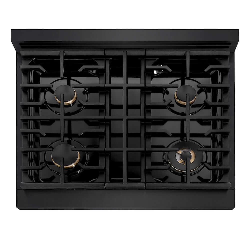 ZLINE 30 in. Paramount Gas Rangetop with 4 Brass Burners and Porcelain Cooktop in Black Stainless Steel (SRTB-BR-30) top-down, above cooktop.