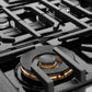ZLINE 36 in. Paramount Gas Rangetop with 6 Brass Burners and Porcelain Cooktop in Black Stainless Steel (SRTB-BR-36) close-up detail, burners.