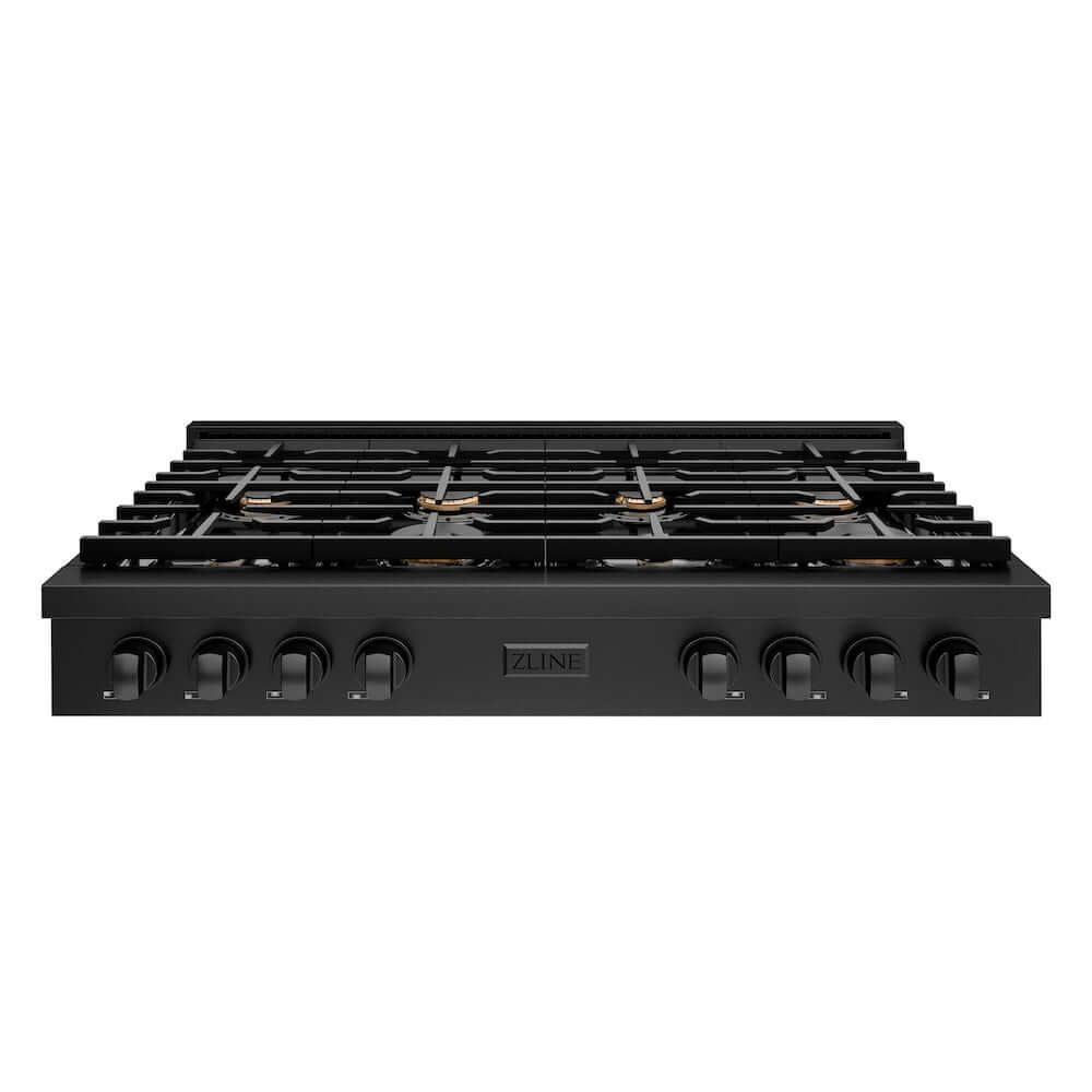 ZLINE 48 in. Paramount Gas Rangetop with 8 Brass Burners and Porcelain Cooktop in Black Stainless Steel (SRTB-BR-48) front.