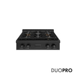 ZLINE 30 in. Paramount Gas Rangetop with 4 Burner DuoPro™ Cooktop in Black Stainless Steel (PSRTB-30) front, with DuoPro™ logo.