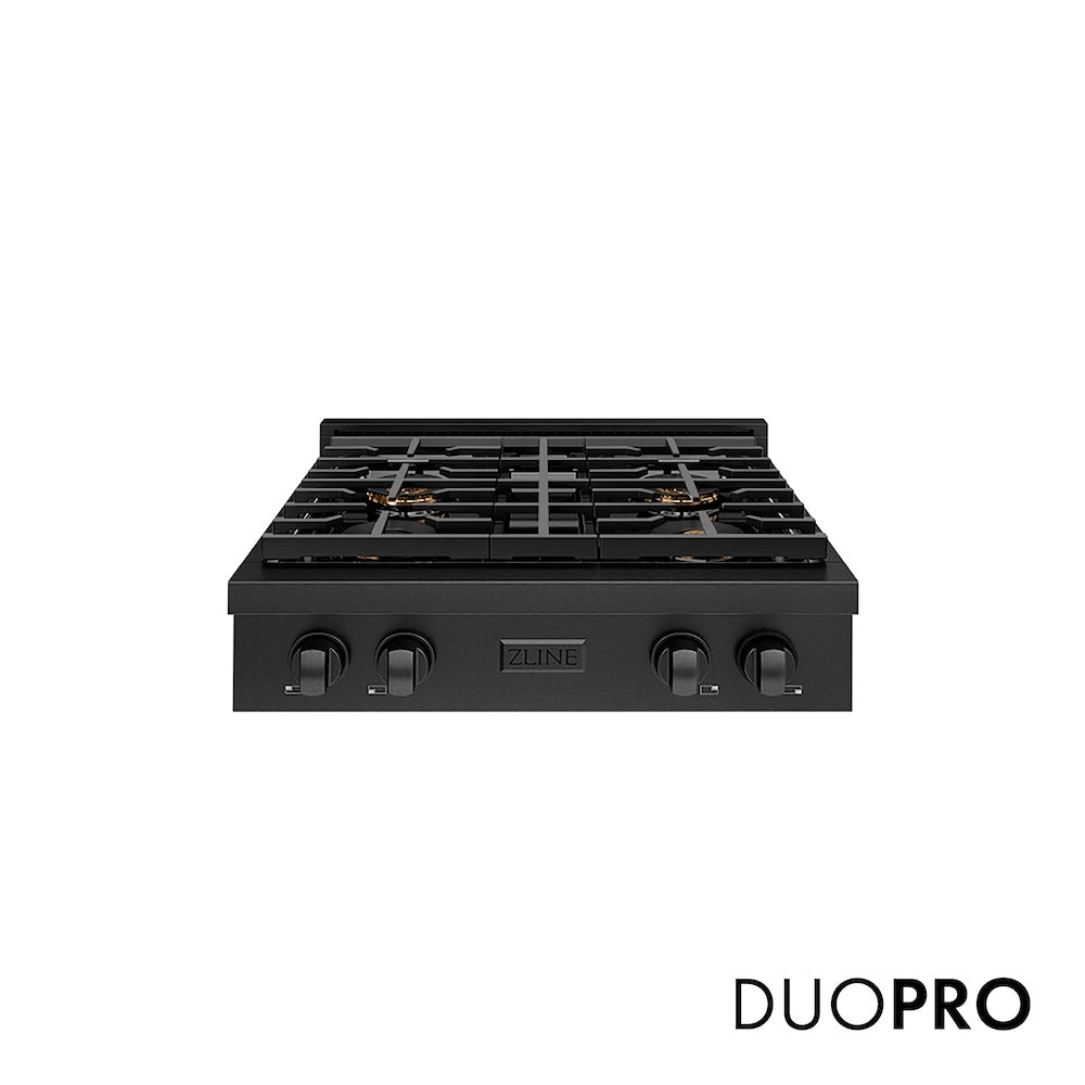 ZLINE 30 in. Paramount Gas Rangetop with 4 Burner DuoPro™ Cooktop in Black Stainless Steel (PSRTB-30) front, with DuoPro™ logo.