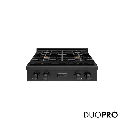 ZLINE 30 in. Paramount Gas Rangetop with 4 Burner DuoPro™ Cooktop in Black Stainless Steel (PSRTB-30) front, with DuoPro™ logo.