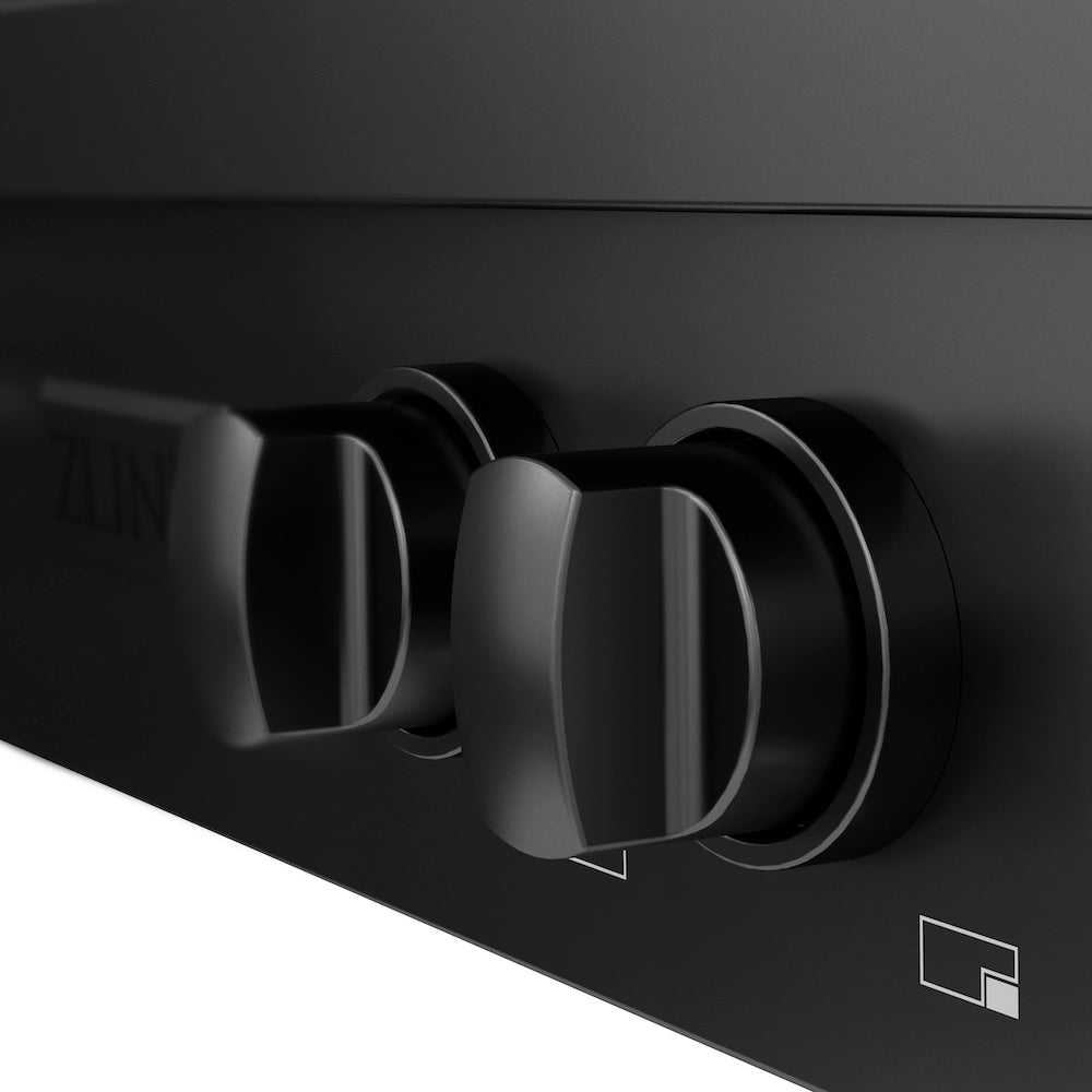 ZLINE 30 in. Paramount Gas Rangetop with 4 Burner DuoPro™ Cooktop in Black Stainless Steel (PSRTB-30) control knobs.