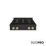ZLINE Autograph Edition 30 in. Paramount Gas Rangetop with 4 Burner DuoPro™ Cooktop in Black Stainless Steel and Champagne Bronze Accents (PSRTBZ-30-CB) front, with DuoPro™ logo.